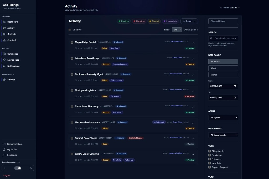 Your entire call activity in one searchable feed.