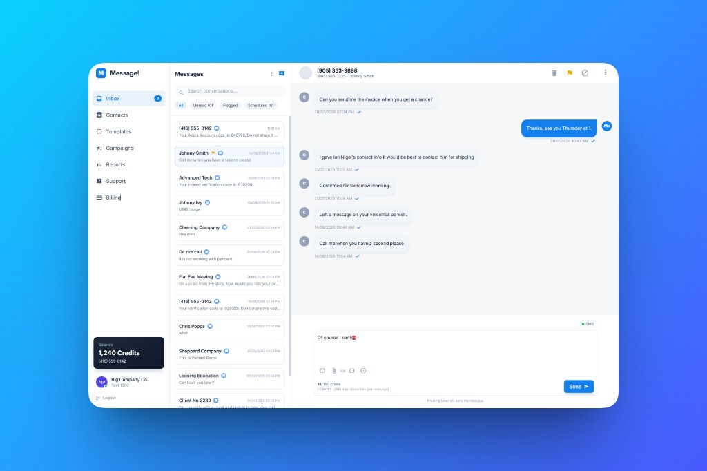 SMS portal inbox with conversation list and two-way chat